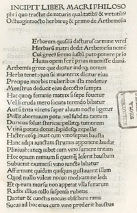 First page of of the first, unillustrated edition of De viribus herbarum carmen. (Click on the image to view the full page.)